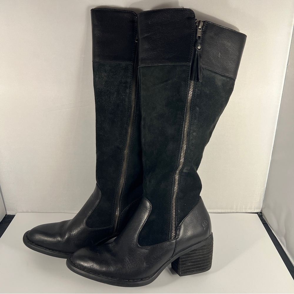 Born Black Leather and Suede Heeled Boots